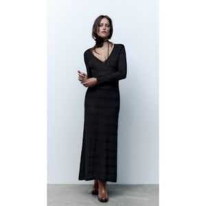 Zara Pointelle Black Knit Long Sleeve Maxi Dress V Neck